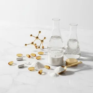 Anti-aging supplements including capsules, collagen powder, and omega-3 oils displayed in a clean, minimal setting