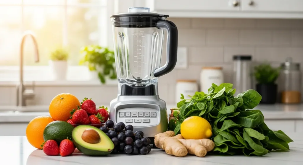 Blender with fresh fruits and vegetables on a kitchen counter, preparing a 10-minute immune-boosting smoothie