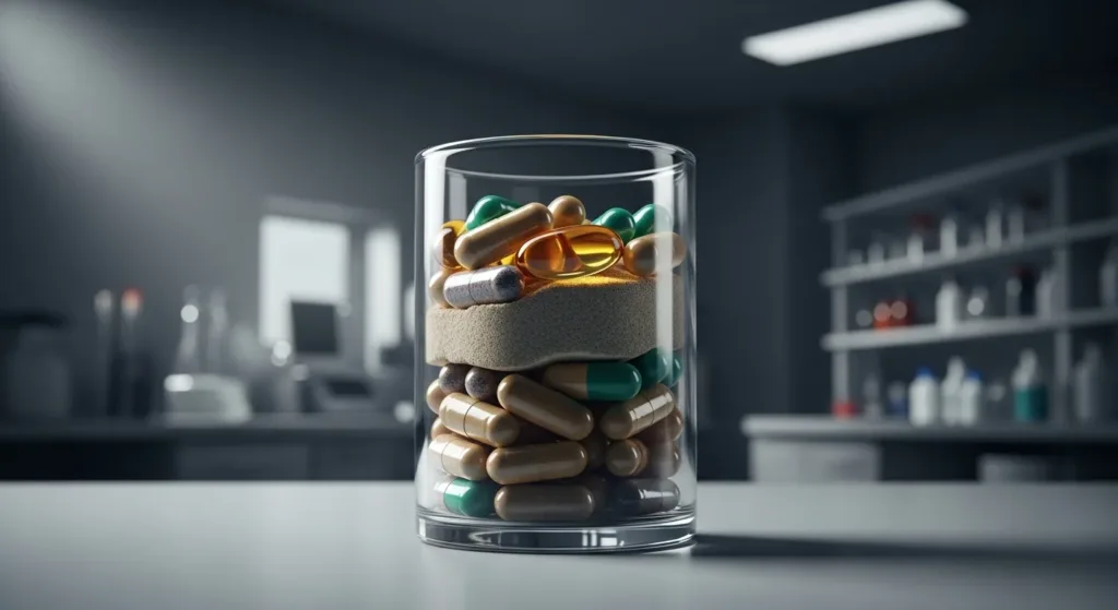 Realistic image of a peptide supplement bottle displayed on a modern countertop.
