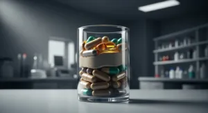 Realistic image of a peptide supplement bottle displayed on a modern countertop.