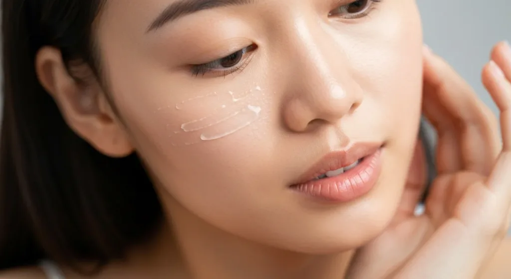 Close-up of a woman applying peptide eye cream under the eye, showing smooth, hydrated skin.
