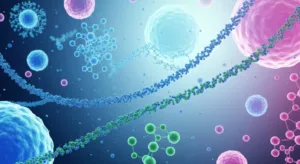 Stylized illustration representing peptides and cellular communication at a molecular level.