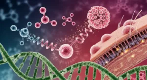 Stylized illustration of collagen peptide molecules interacting at the cellular level, representing structural support in the body.