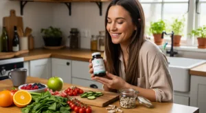 Smiling woman in her 30s holding a LeanBiome supplement bottle in a natural kitchen setting, with fruits and capsules in the background to convey health and trust.