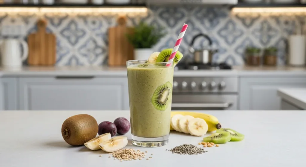 Transparent smoothie glass on a modern countertop, with visible fruits and immunity-boosting ingredients next to it