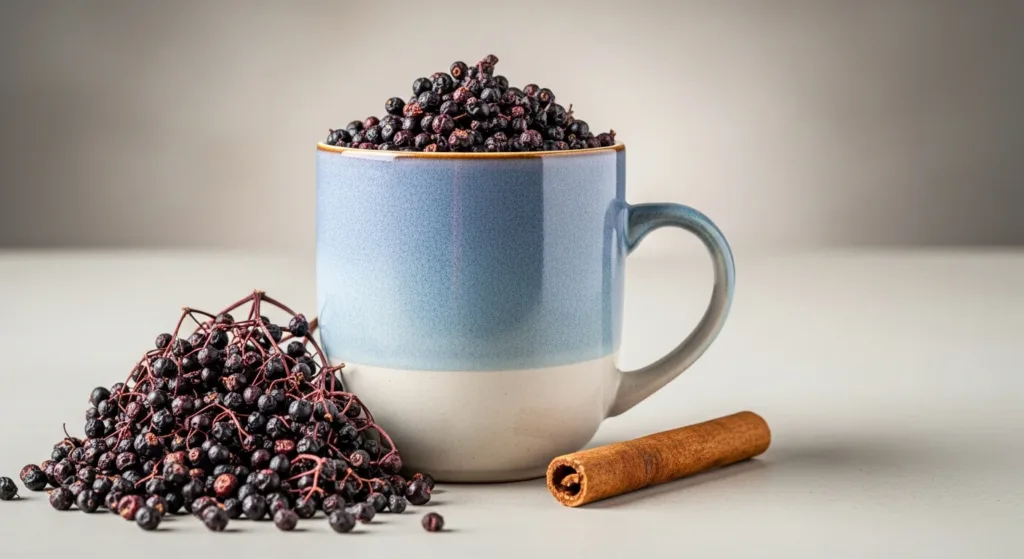 Realistic image of a mug of chive tea with dried berries and cinnamon, highlighting purple tones and the contrast of ceramic.