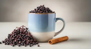 Realistic image of a mug of chive tea with dried berries and cinnamon, highlighting purple tones and the contrast of ceramic.