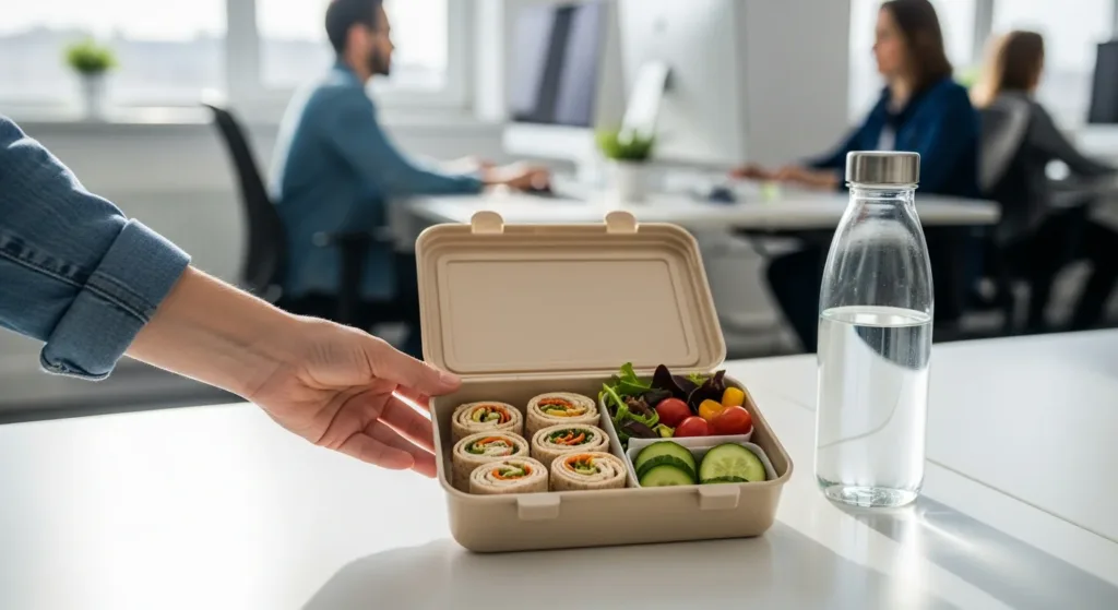 Imagem de uma mesa de escritório ao meio-dia com uma mão colocando uma lancheira aberta com refeições saudáveis, inspirado em healthy lunch ideas