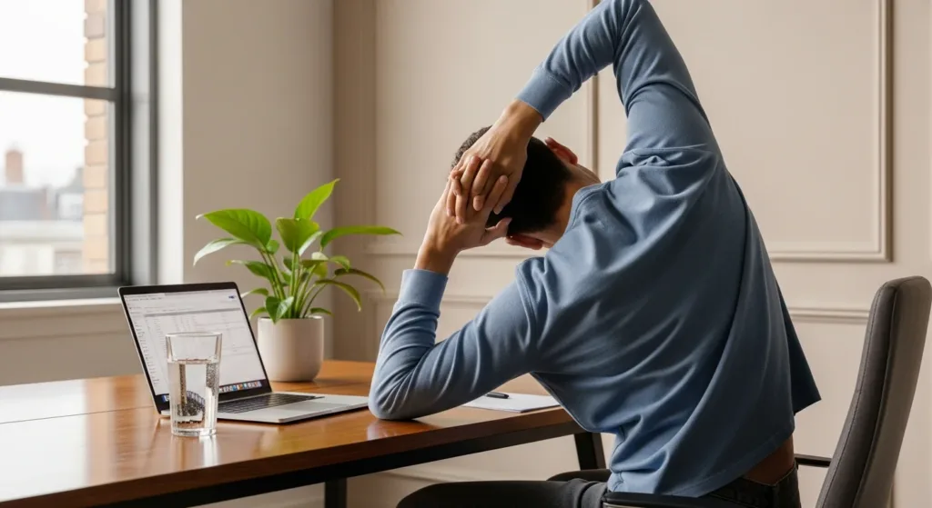 Office worker doing light stretches at their desk during a break, with a glass of water nearby for hydration.