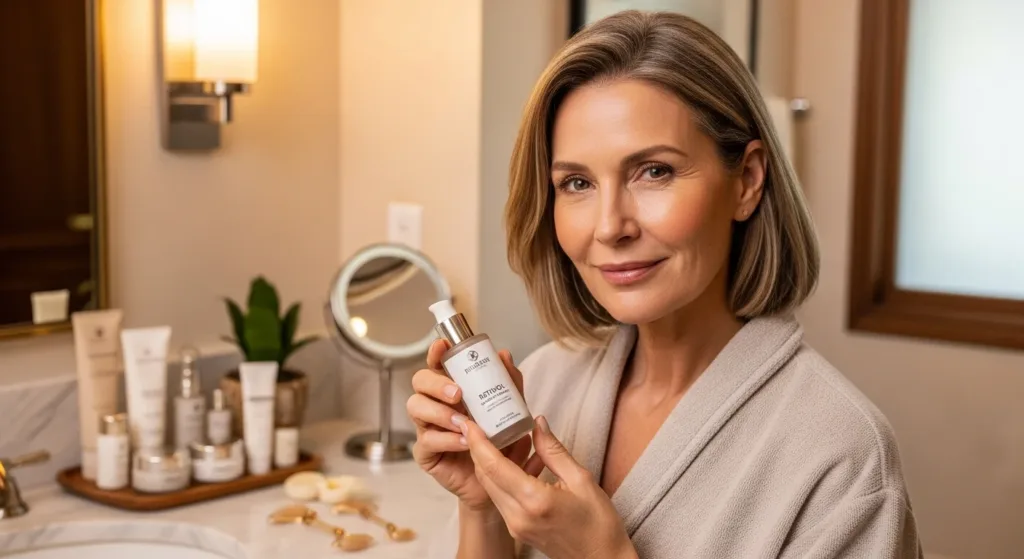 Middle-aged woman with glowing skin sitting in a cozy bathroom, representing beauty and retinol skincare results.