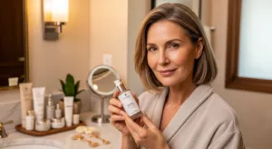 Middle-aged woman with glowing skin sitting in a cozy bathroom, representing beauty and retinol skincare results.
