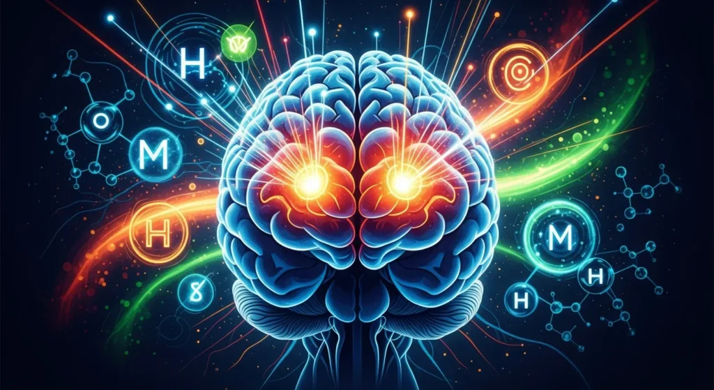 Stylized illustration of the human brain highlighting neural pathways and metabolic signaling.