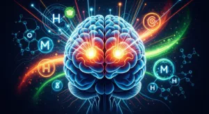 Stylized illustration of the human brain highlighting neural pathways and metabolic signaling.