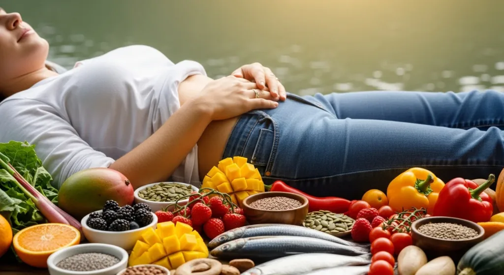 Relaxed person surrounded by healthy whole foods that support gut health, digestion, and microbiome balance