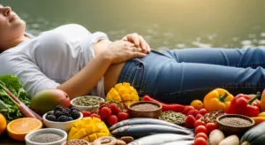 Relaxed person surrounded by healthy whole foods that support gut health, digestion, and microbiome balance