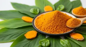 Turmeric powder and fresh turmeric roots, a natural supplement known for supporting gut health and reducing inflammation