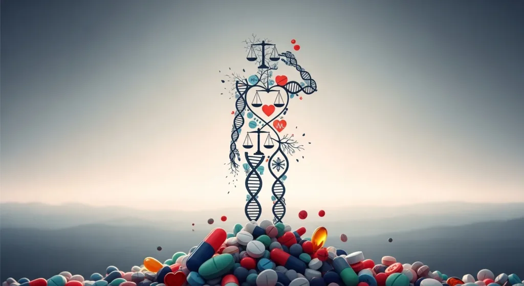 Surreal illustration of a human silhouette formed by pills and capsules, symbolizing the risks of long-term supplement use.