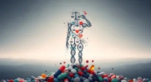 Surreal illustration of a human silhouette formed by pills and capsules, symbolizing the risks of long-term supplement use.