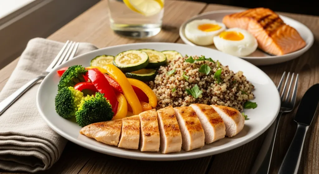 Balanced meal with lean protein sources, ideal for people using GLP-1 medications to support muscle mass and satiety