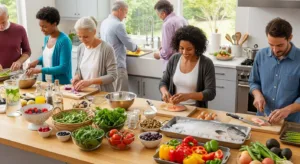 Diverse group preparing healthy meals suitable for a GLP-1 diet focused on balanced nutrition and portion control