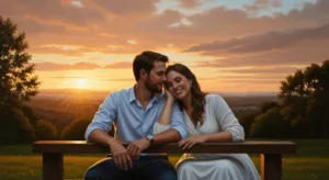 Casal contemplativo em parque ao pôr do sol, refletindo impacto da saúde mental na intimidade e conexão emocional