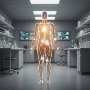 Scientific illustration of human metabolism highlighting fat burning and increased energy expenditure from an experimental weight loss pill