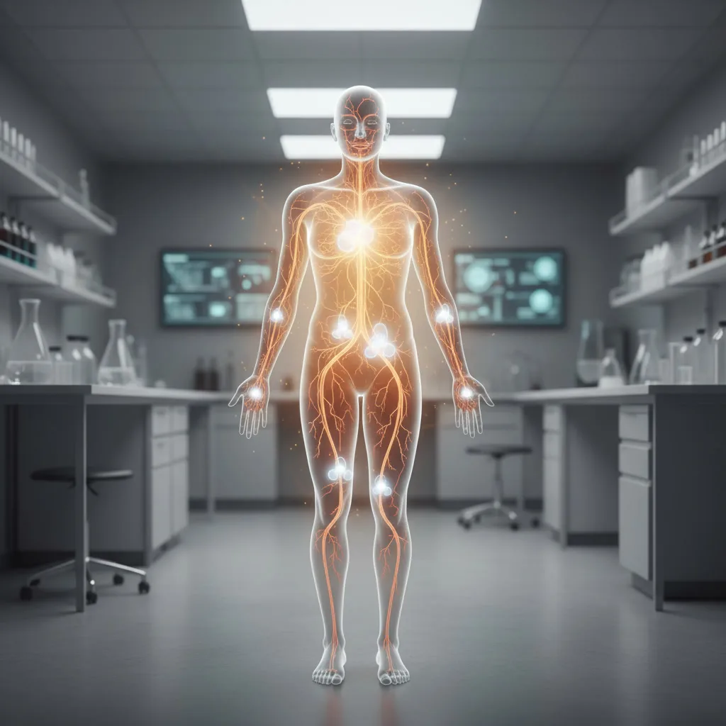 Scientific illustration of human metabolism highlighting fat burning and increased energy expenditure from an experimental weight loss pill