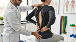 Healthcare professional adjusting a patient’s posture, illustrating proper posture correction and spinal alignment