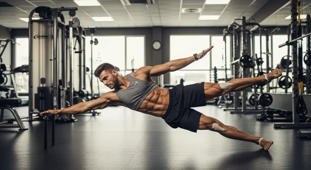 Person performing a core stability exercise in a gym, emphasizing balance, control, and functional strength