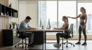 Office worker experiencing lower back discomfort while seated, illustrating the importance of core stability and posture