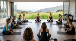 Group practicing Pilates in a studio setting, focusing on spine health, posture, and controlled movement