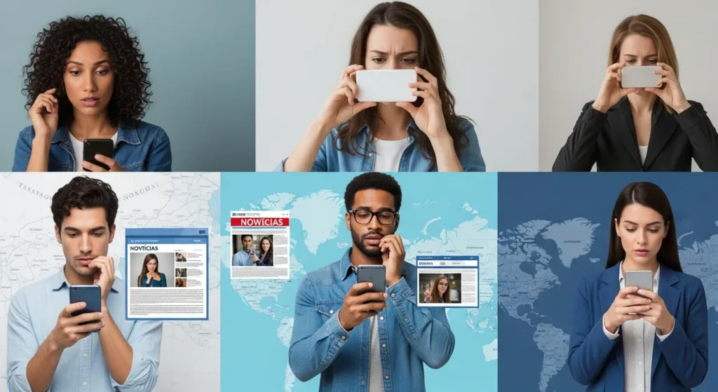 Pessoas urbanas preocupadas com notícias em dispositivos, evidenciando incerteza global e saúde mental