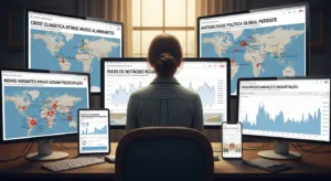 Person seated in front of multiple digital screens, illustrating screen overload, multitasking, and digital fatigue