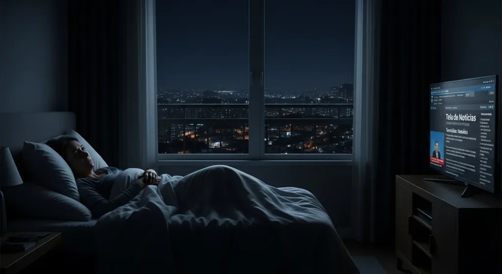 Person lying awake in bed at night, looking at the ceiling, representing anxiety and difficulty sleeping
