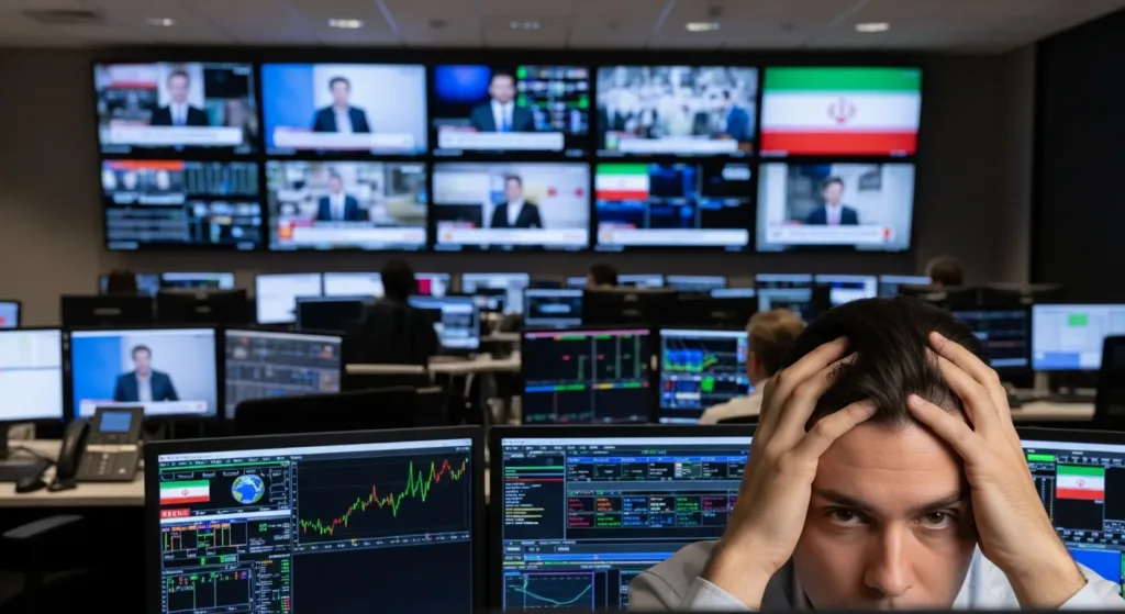 Person holding their head in a control room surrounded by multiple screens, representing information overload and rising stress
