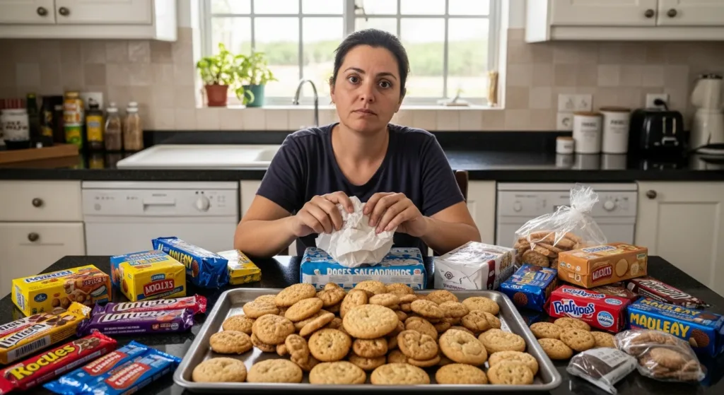 Person in a kitchen surrounded by sugary foods, holding a note, representing the effects of excessive sugar intake