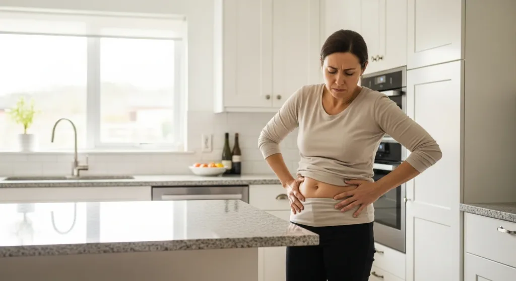 Person holding their abdomen with a look of discomfort, representing digestive issues and gut discomfort