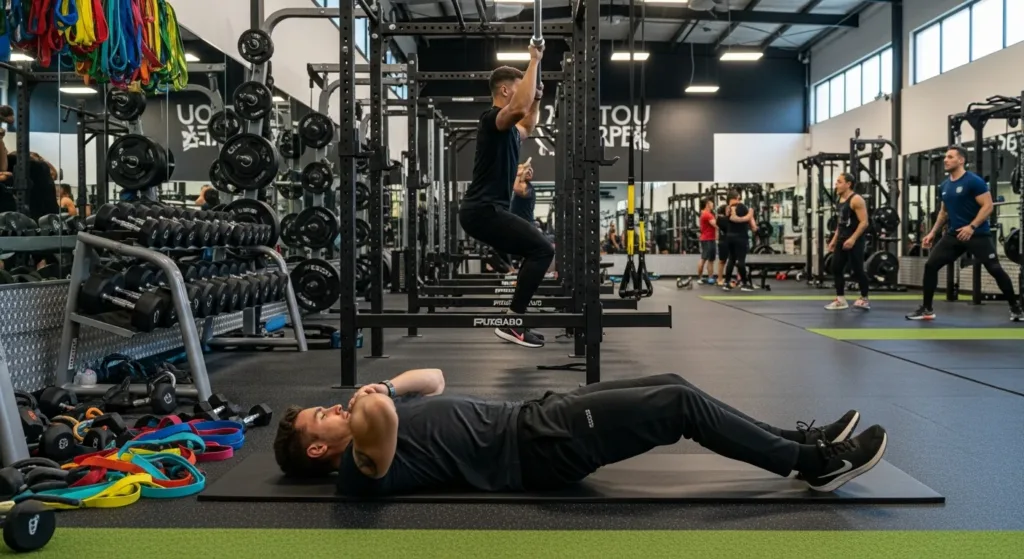 Person performing strength training in a busy gym, illustrating a PPL workout split focused on push, pull, and leg exercises