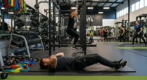 Person performing strength training in a busy gym, illustrating a PPL workout split focused on push, pull, and leg exercises