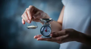 Mãos femininas segurando uma balança com um grão de arroz, simbolizando Eating Disorders (ED)