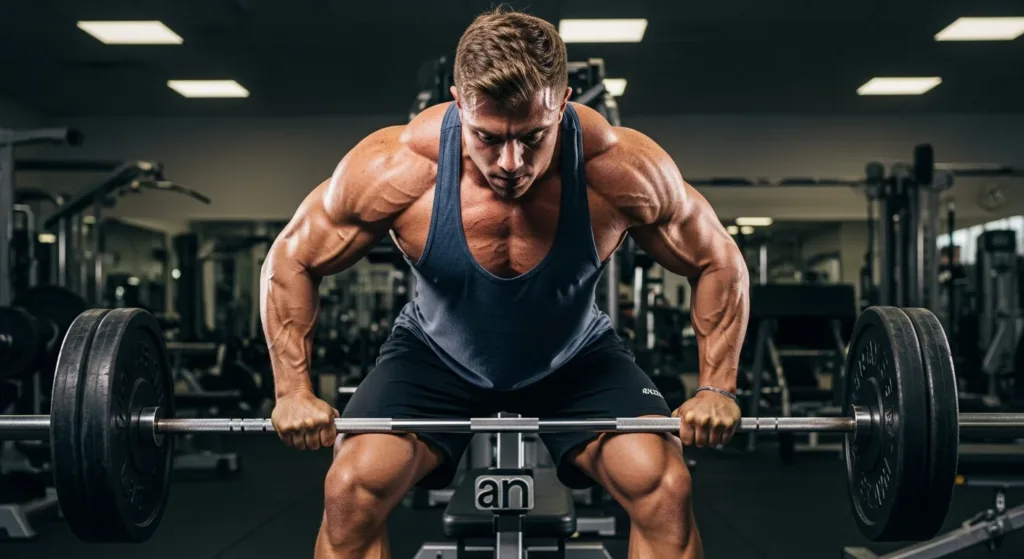 Bodybuilder training intensely in a gym, illustrating muscle strength and performance benefits associated with the best creatine supplement