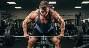 Bodybuilder training intensely in a gym, illustrating muscle strength and performance benefits associated with the best creatine supplement