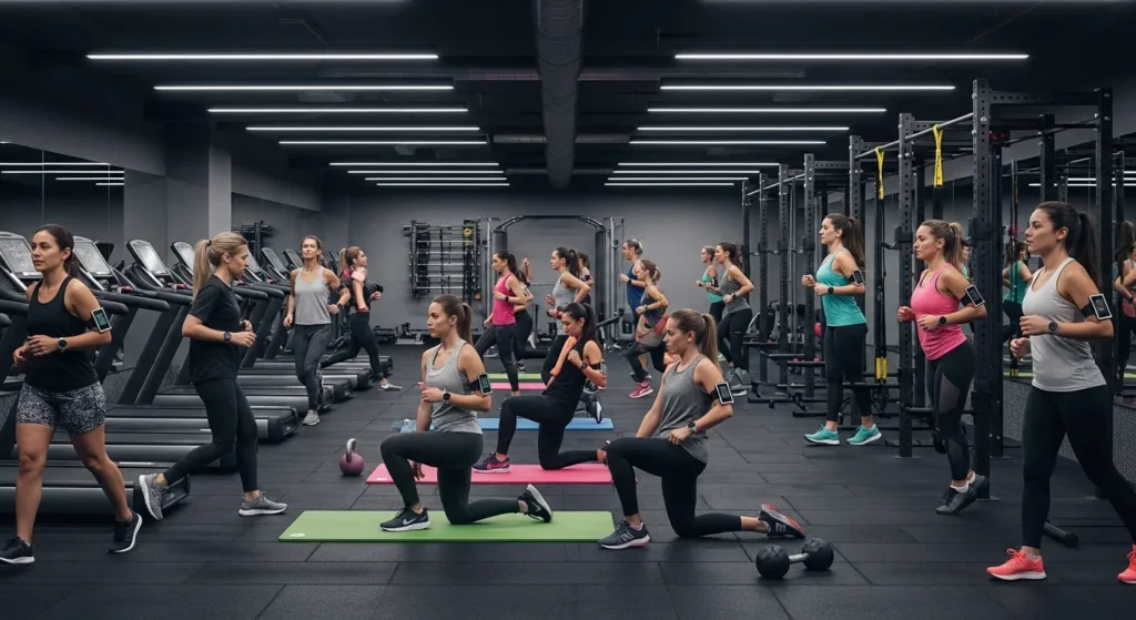 Group workout class in a modern gym, representing popular fitness trends from 2016 such as functional training and group training