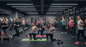 Group workout class in a modern gym, representing popular fitness trends from 2016 such as functional training and group training