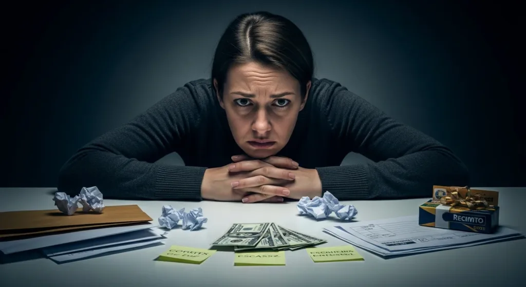 Stressed person sitting at a table with limited food options, illustrating how financial stress and being broke can affect blood sugar and cholesterol levels