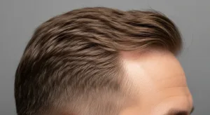 Renderização de cabeça masculina com scalp visível destacando Hair Loss, textura realista e variação capilar