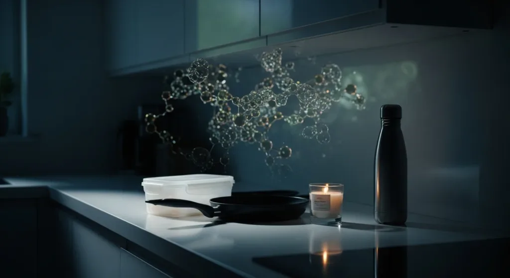 Everyday household items on a modern kitchen counter, softly lit at night, with an abstract, blurred suggestion of cellular forms in the background, conveying concern about hidden health risks without fear or graphics.
