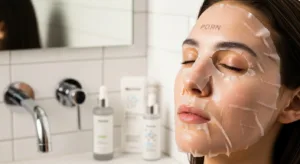 Woman wearing a translucent PDRN salmon DNA sheet mask overnight as part of a skincare routine.