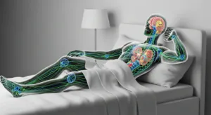 Realistic illustration of the human nervous system during deep sleep, highlighting brain and neural activity