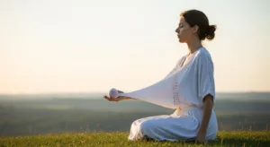 Person practicing deep breathing outdoors, promoting relaxation, stress reduction, and mental clarity